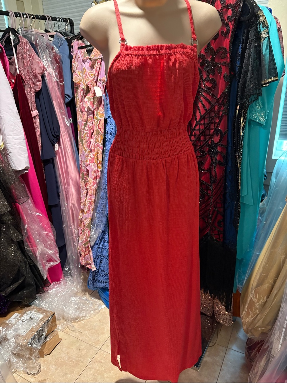 Michael Kors Red Smocked Maxi Dress with Crisscross Straps - Picture 5 of 6